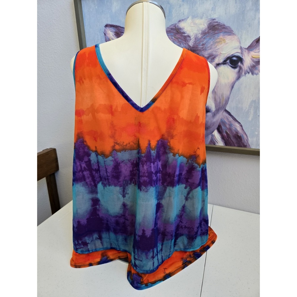 Worthington Women's L Orange Blue Purple Tie Dye Layered Chiffon Cross Tie‎ Tank - Picture 3 of 16